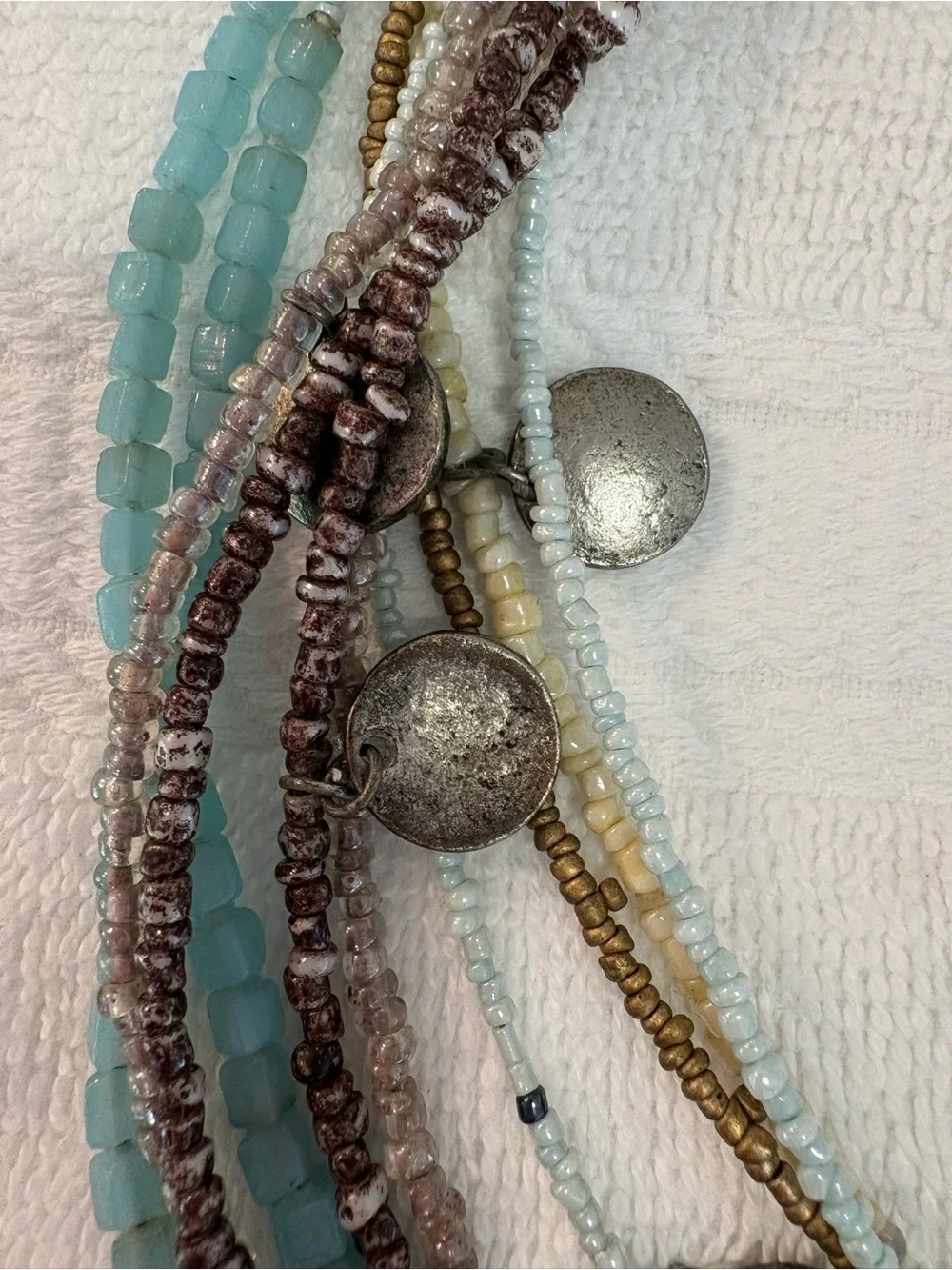 Layered Aqua Bead Necklace with Antiqued Silver Discs